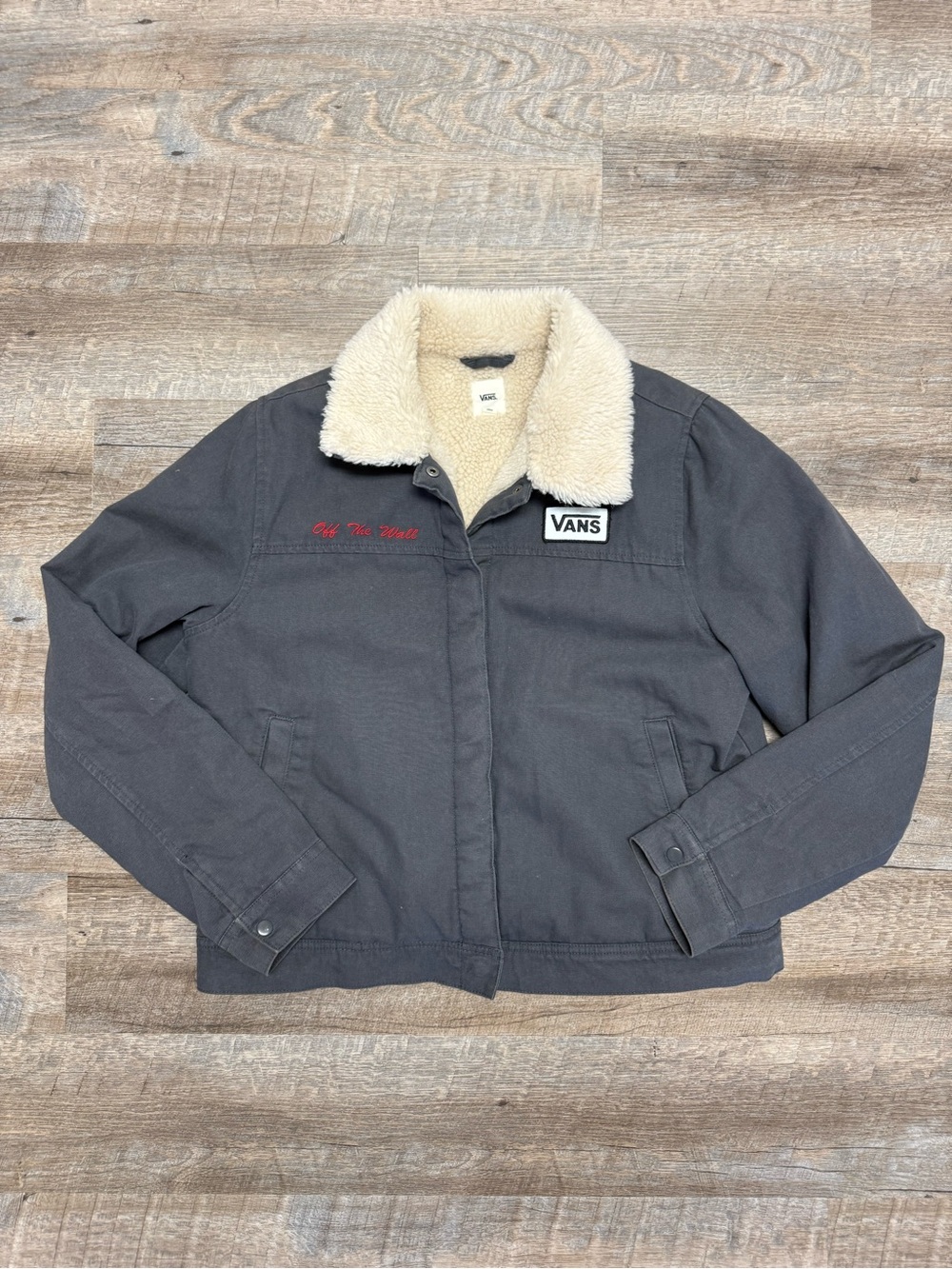 Vans Dark Gray Jacket with Cream Sherpa Collar and Red Script